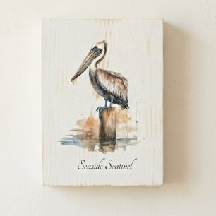 Coastal Pelican Watercolor Artistic Custom Art Wooden Box Sign