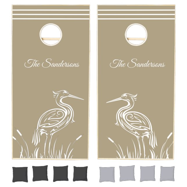 Coastal Personalized Beige Taupe White Herons Bird Cornhole Set (Set)