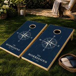Coastal Personalized Nautical Compass Family Name Cornhole Set