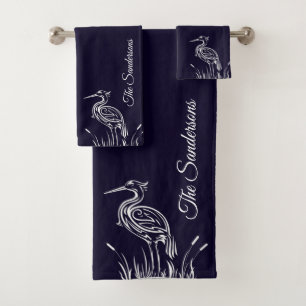 Coastal Personalized White Herons Birds Navy Blue Bath Towel Set