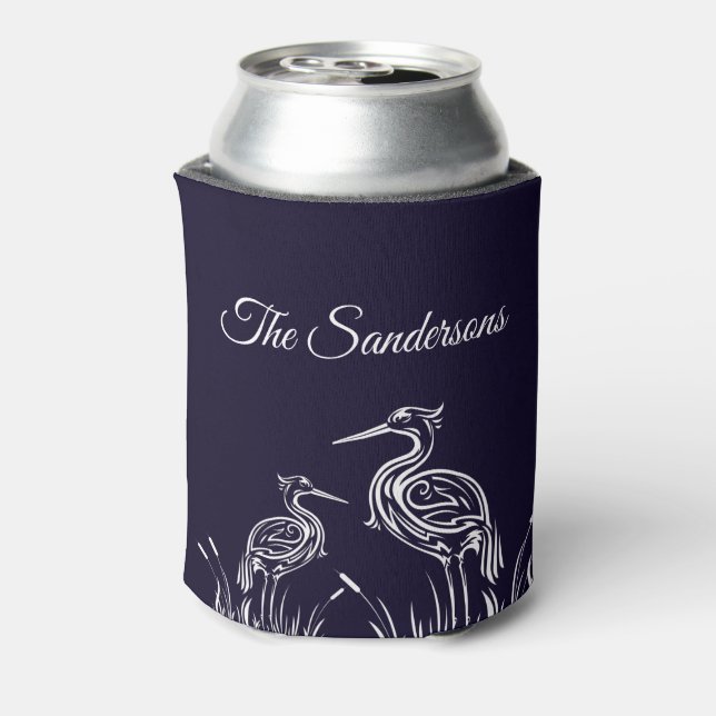 Coastal Personalized White Herons Birds Navy Blue Can Cooler (Can Back)