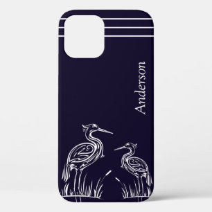 Coastal Personalized White Herons Birds Navy Blue iPhone 12 Case