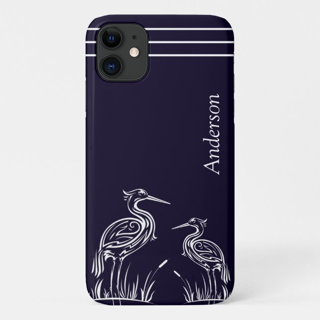 Coastal Personalized White Herons Birds Navy Blue  Case-Mate iPhone Case (Back)