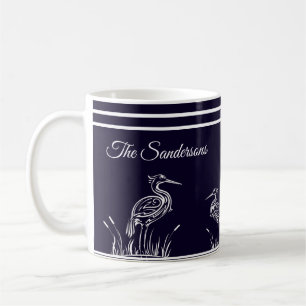 Coastal Personalized White Herons Birds Navy Blue Coffee Mug