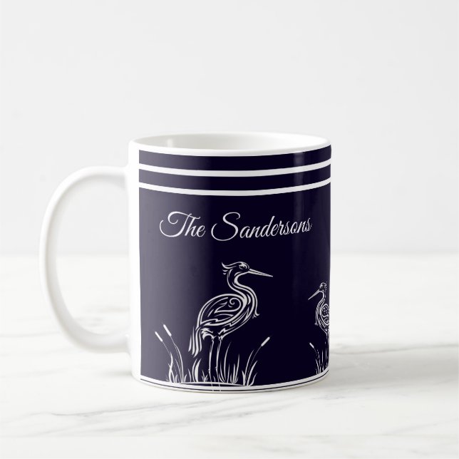 Coastal Personalized White Herons Birds Navy Blue  Coffee Mug (Left)
