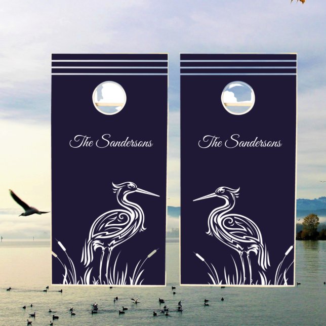 Coastal Personalized White Herons Birds Navy Blue  Cornhole Set (Creator Uploaded)