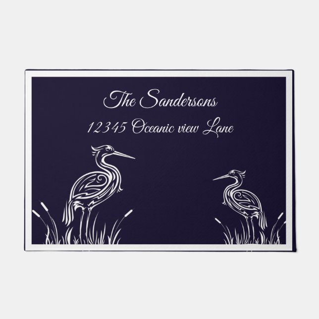 Coastal Personalized White Herons Birds Navy Blue Doormat (Front)