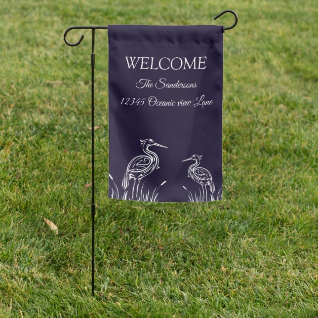 Coastal Personalized White Herons Birds Navy Blue  Garden Flag (In SItu)