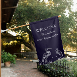 Coastal Personalized White Herons Birds Navy Blue  House Flag