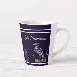 Coastal Personalized White Herons Birds Navy Blue Latte Mug