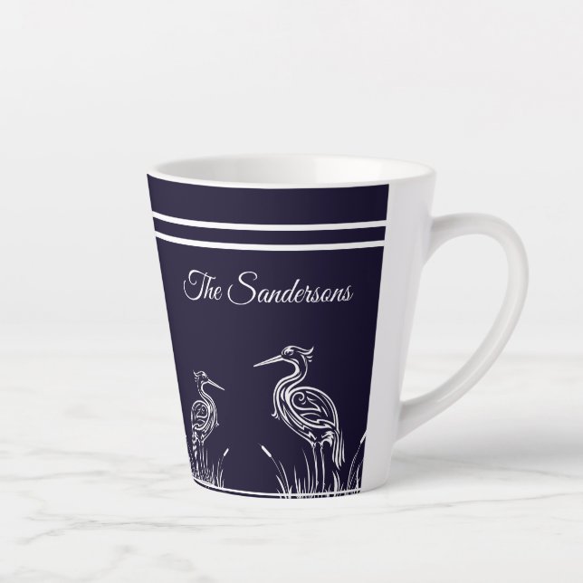 Coastal Personalized White Herons Birds Navy Blue  Latte Mug (Right)