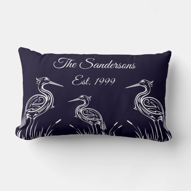 Coastal Personalized White Herons Birds Navy Blue Lumbar Pillow (Front)