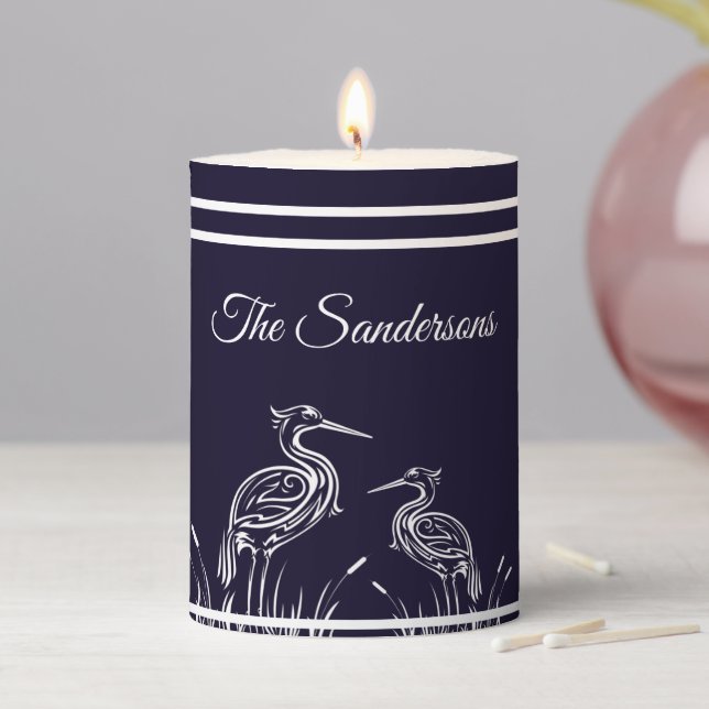 Coastal Personalized White Herons Birds Navy Blue  Pillar Candle (In Situ)