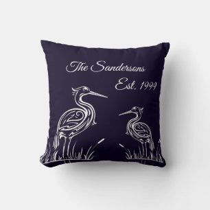 Coastal Personalized White Herons Birds Navy Blue Throw Pillow