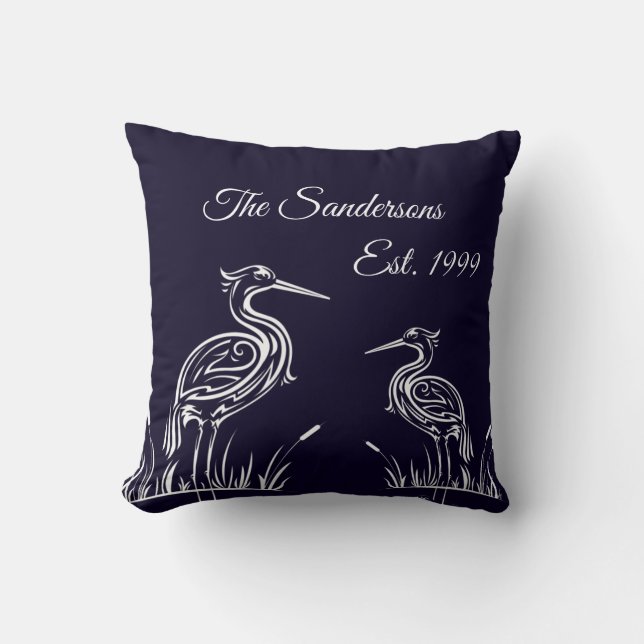 Coastal Personalized White Herons Birds Navy Blue  Throw Pillow (Front)