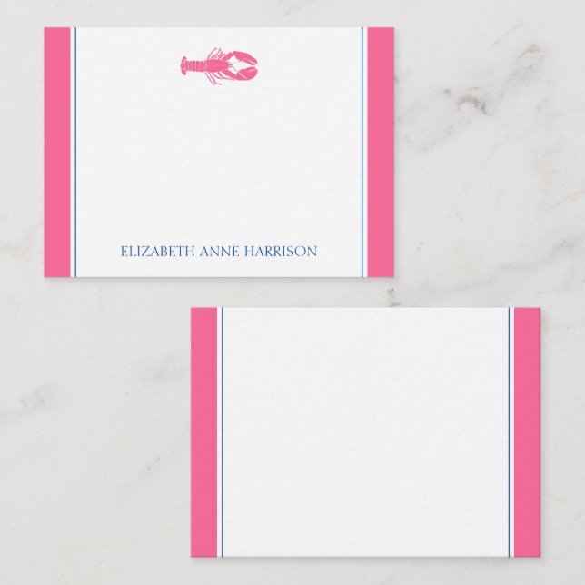 Coastal Pink and Navy Blue Lobster Personalized Note Card (Front/Back)