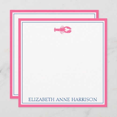 Coastal Pink and Navy Blue Lobster Personalized Note Card