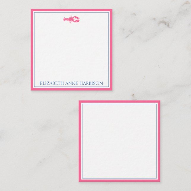 Coastal Pink and Navy Blue Lobster Personalized Note Card (Front/Back)