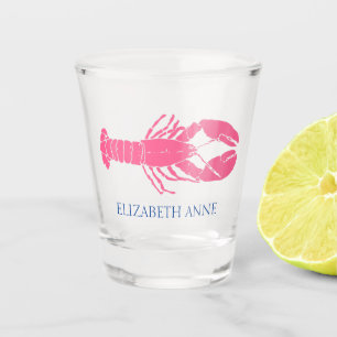 Coastal Pink and Navy Blue Lobster Personalized Shot Glass