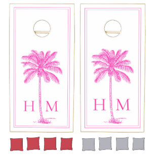 Coastal Pink and White Palmetto Palm Tree Monogram Cornhole Set