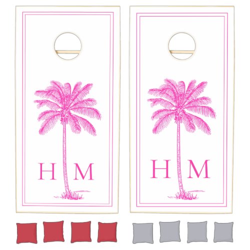 Coastal Pink and White Palmetto Palm Tree Monogram Cornhole Set