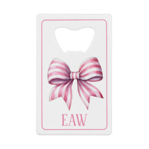 Coastal Pink and White Watercolor Bow Monogram Credit Card Bottle Opener