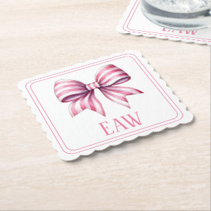 Coastal Pink and White Watercolor Bow Monogram Paper Coaster