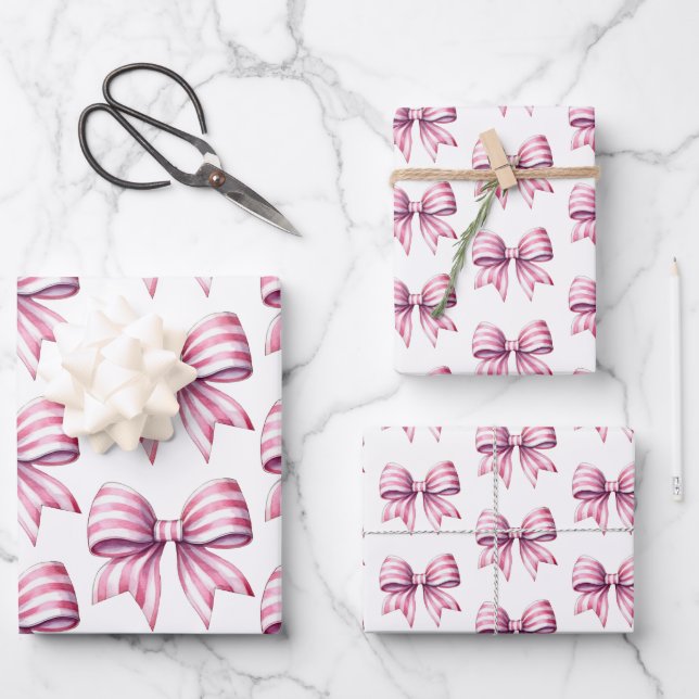 Coastal Pink and White Watercolor Bows Wrapping Paper Sheets (Front)