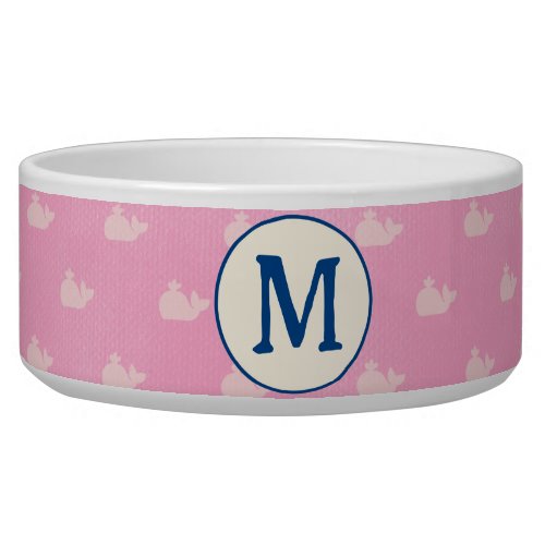 Coastal Pink and White Whale Monogrammed Dog Bowl