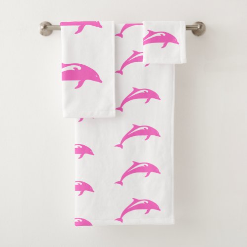 Coastal Pink Dolphins on White Bath Towel Set