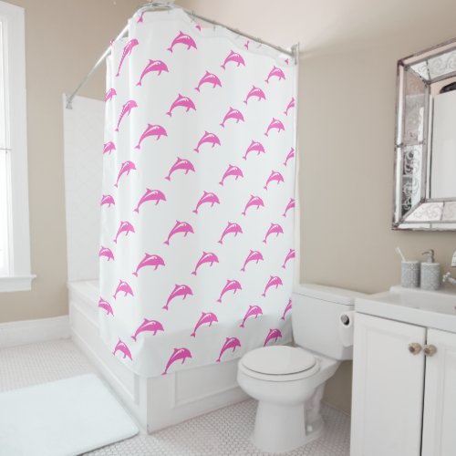 Coastal Pink Dolphins on White Shower Curtain
