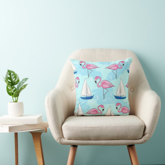 Coastal Pink Flamingo Blue Sailboat Preppy Throw Pillow (Chair)