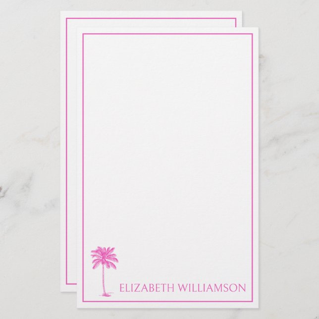 Coastal Pink Palmetto Palm Tree Personalized Stationery (Front/Back)