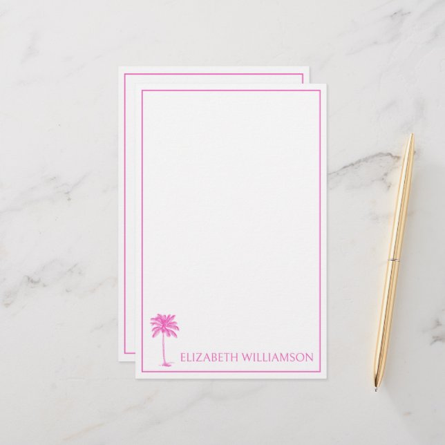Coastal Pink Palmetto Palm Tree Personalized Stationery (Front/Back In Situ)