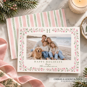 Coastal Pink Sage Floral Family Photo Monogram Holiday Card