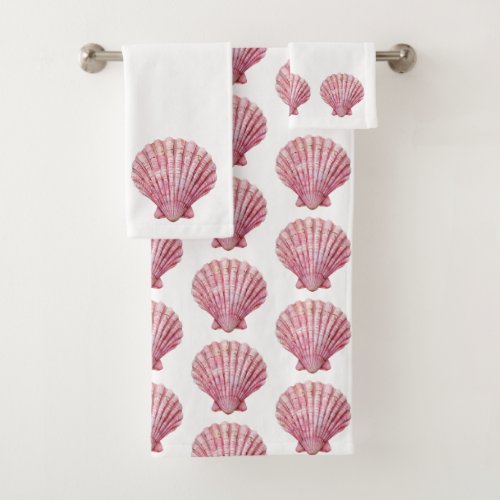 Coastal Pink Seashell on White Bath Towel Set