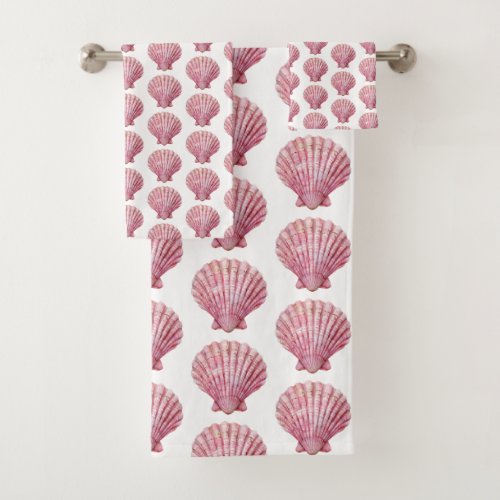 Coastal Pink Seashell on White Bath Towel Set