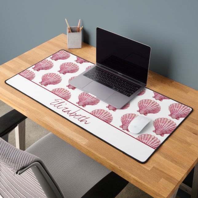 Coastal Pink Seashell on White Personalized Desk Mat (Office 2)
