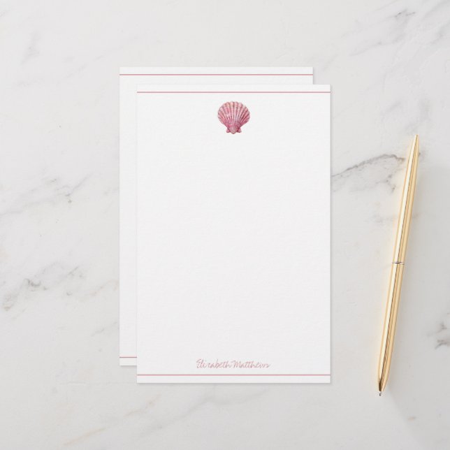 Coastal Pink Seashell on White Personalized Stationery (Front/Back In Situ)