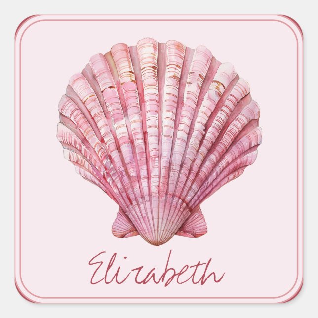Coastal Pink Seashell Personalized Square Sticker (Front)