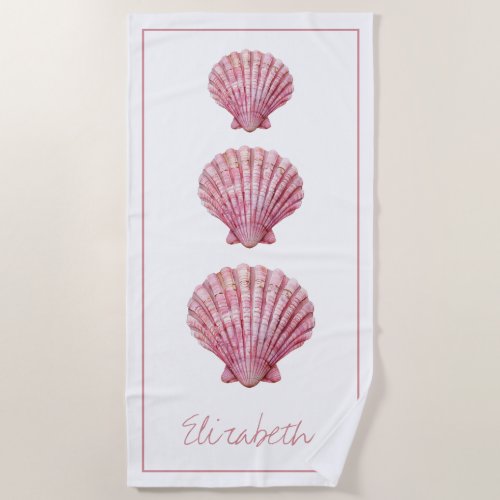 Coastal Pink Seashells on White Personalized Beach Towel