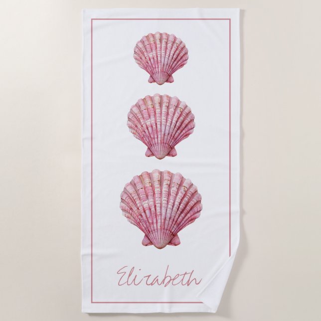 Coastal Pink Seashells on White Personalized Beach Towel (Front)