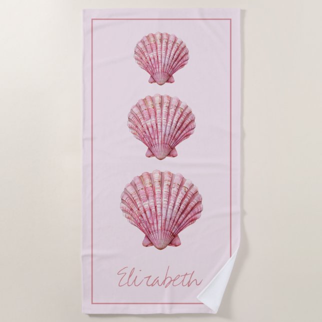Coastal Pink Seashells Personalized Beach Towel (Front)