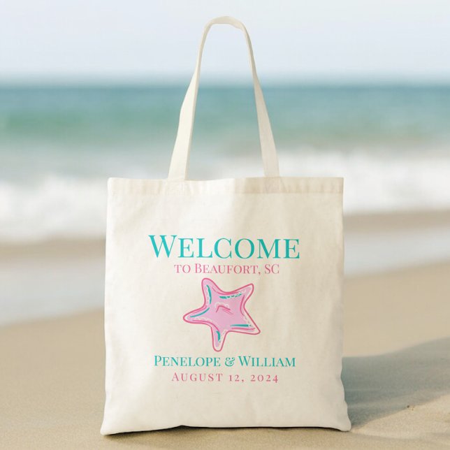 Coastal Pink Starfish Wedding Welcome Personalized Tote Bag (Creator Uploaded)
