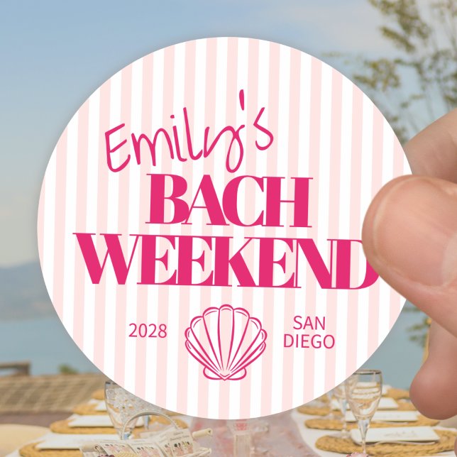 Coastal Pink Striped Bach Weekend Shell Classic Round Sticker (Creator Uploaded)