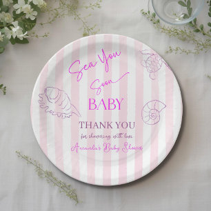Coastal Pink Stripes Girl Sea Soon You Baby Shower Paper Plates