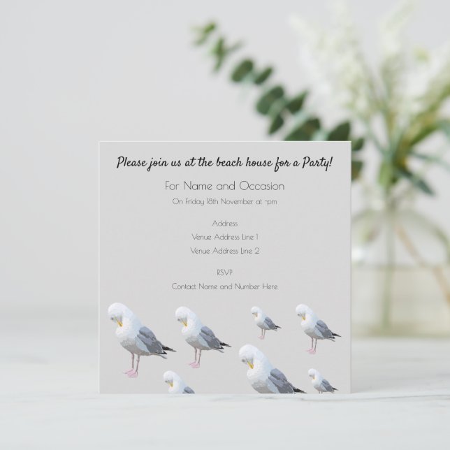 Coastal Preening Gull Gray Beach House Party Invitation (Standing Front)