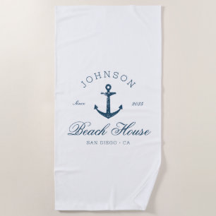 Coastal Preppy Beach House Anchor Navy Blue Towel