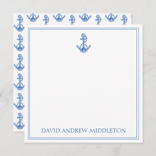 Coastal Preppy Blue and White Anchor Personalized Note Card
