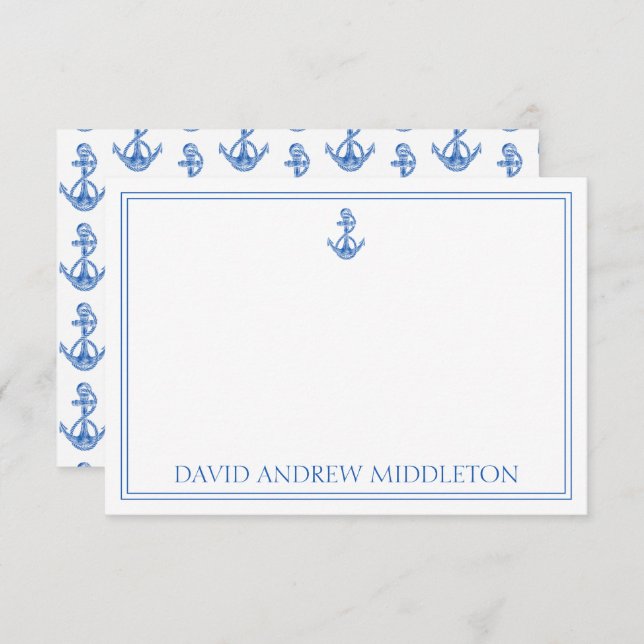 Coastal Preppy Blue and White Anchor Personalized Note Card (Front/Back)